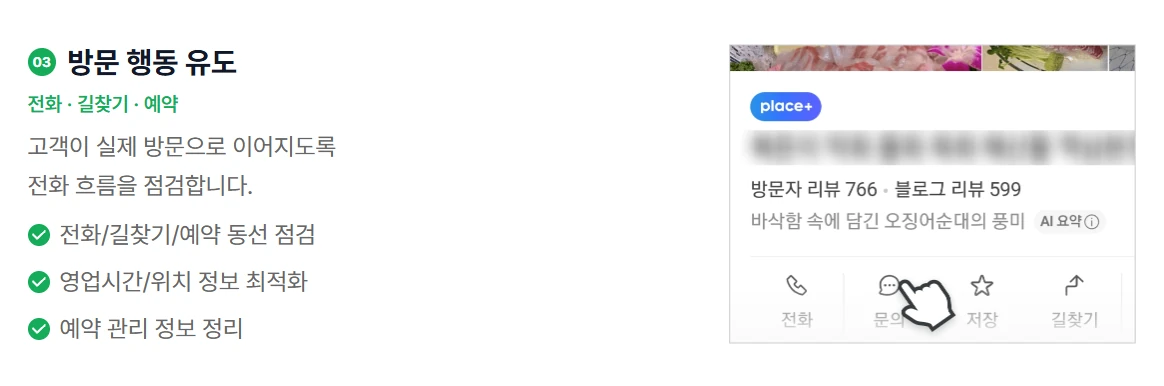 전화, 문의, 저장, 길찾기 기능이 보이는 네이버 플레이스 화면. 매장명 비공개.